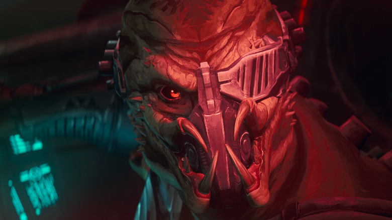 Un yautja borgne aux commandes d'un vaisseau spatial lors d'un combat aérien dans le prédateur: tueur de tueurs