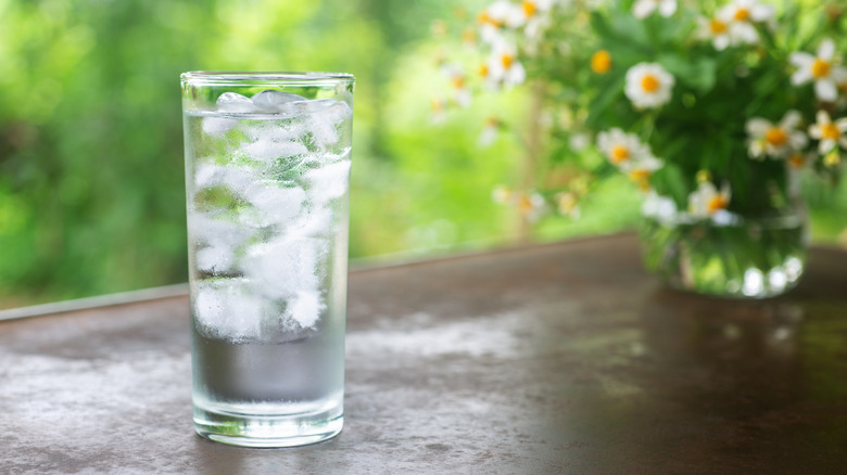 Un verre d'eau glacée se dresse près des fleurs.