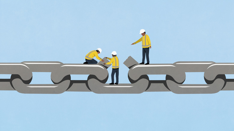 Un graphique de trois travailleurs de la construction fixant un lien cassé dans une chaîne