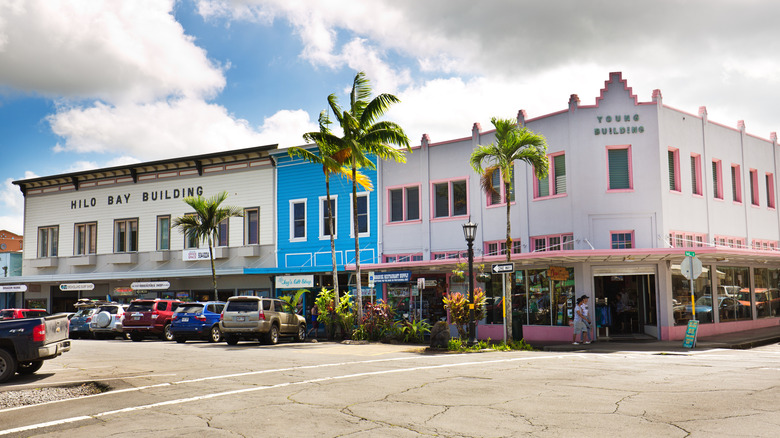 Une vue sur la rue du centre-ville sur les bâtiments colorés avec des palmiers