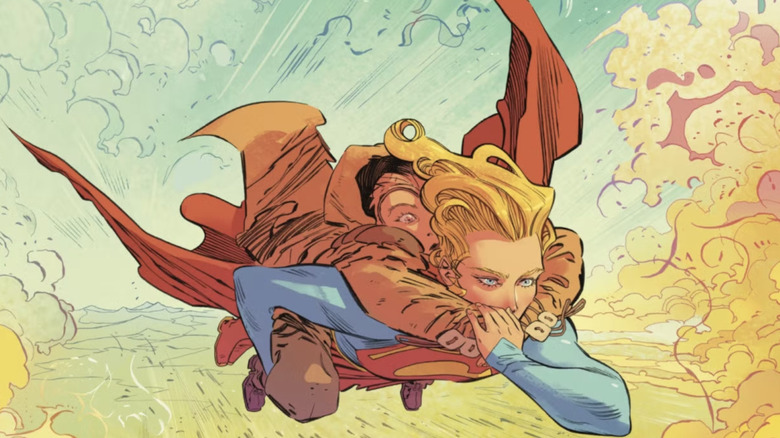 Supergirl volant avec Ruthye Knoll sur son dos à Supergirl: Woman of Tomorrow