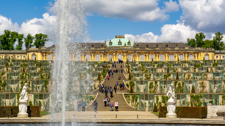 Terrases vignobles et fontaine d'eau au palais Sanssouci à Potsdam