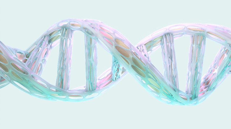 Une image générée numériquement de la structure d'ADN de forme organique futuriste faite de plastique semi-transparent sur fond vert pastel