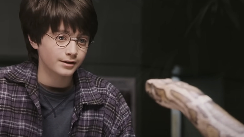 Daniel Radcliffe comme Harry Potter regardant un serpent à Harry Potter et la pierre du sorcier