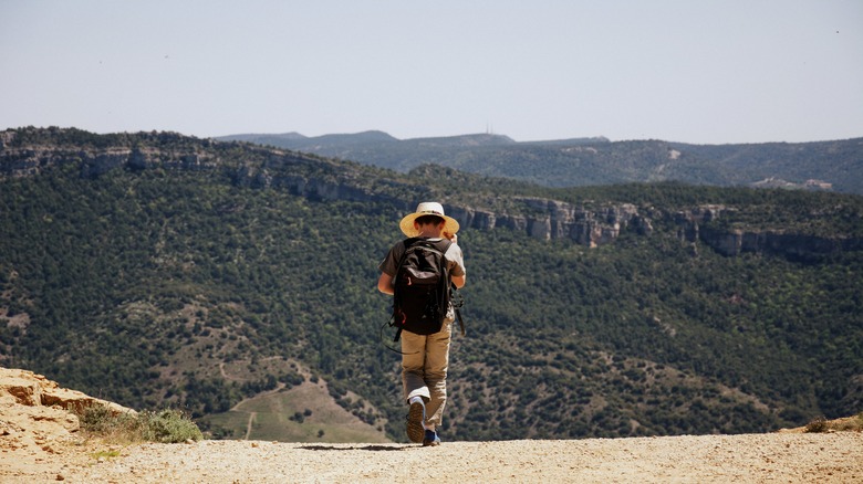 Un homme avec un sac à dos marchant un chemin avec des montagnes en arrière-plan