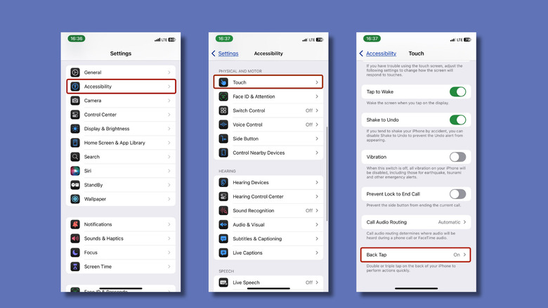 Captures d'écran du processus de paramètres de l'iPhone pour activer la fonction Back Tap
