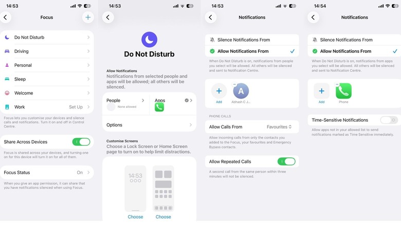 Modification des paramètres de ne pas déranger dans l'application Paramètres iPhone.