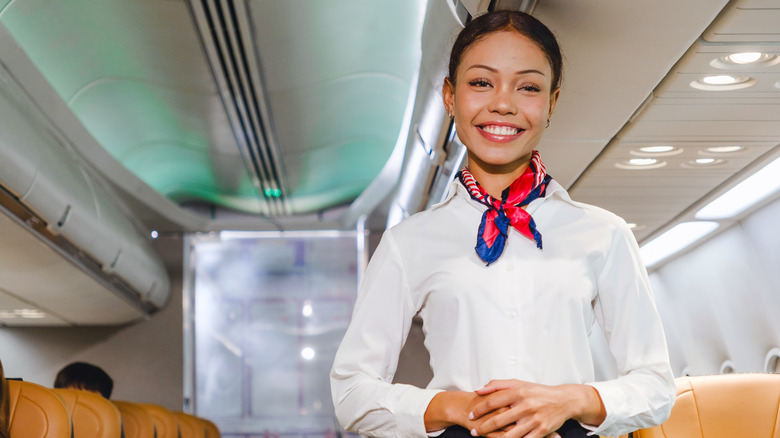 Une agente de bord souriante debout dans l'allée d'un avion.