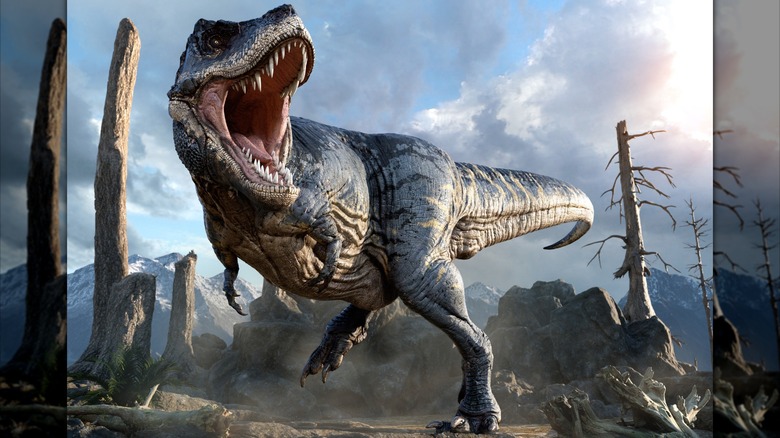 Illustration d'un T. rex dans un paysage stérile avec des rochers et des arbres mourants avec des montagnes en arrière-plan