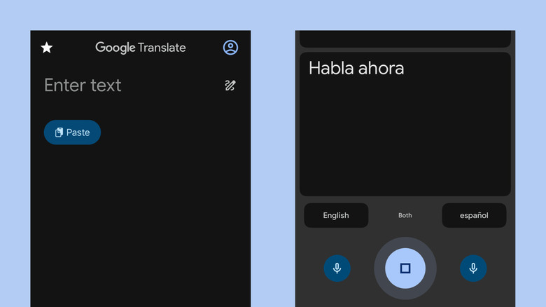 Application Google Translate montrant l'écran d'accueil et l'écran de conversation