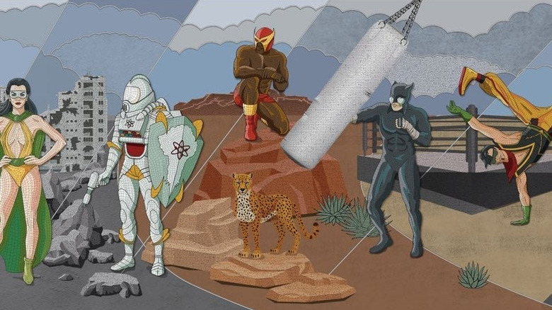 Une murale montrant plusieurs héros à travers l'histoire de DC Comics à Superman