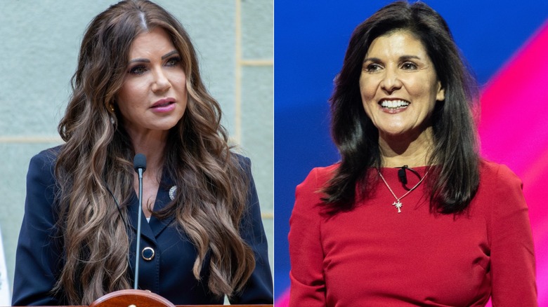 Kristi Noem photographié dans un costume de la Marine (L) et Nikki Haley photographiés en robe rouge (R)