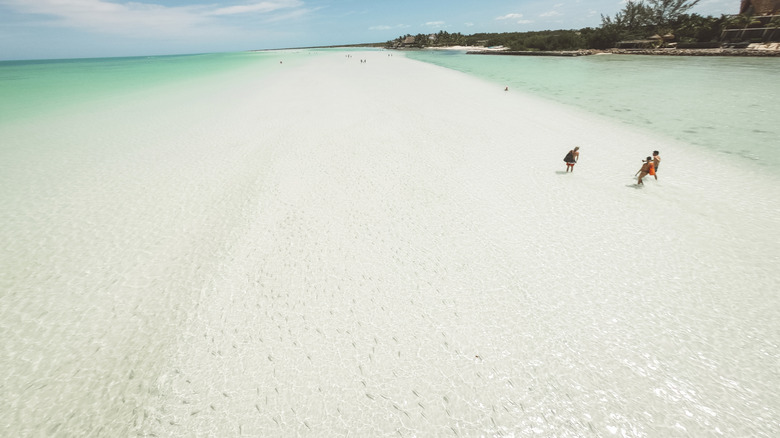 Plage de sable blanc et mer turquoise peu profonde sur Isla Holbox