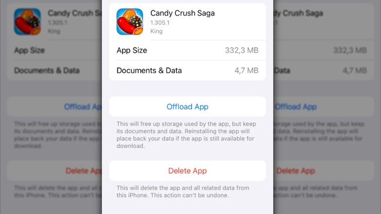 Écran iPhone avec des options pour décharger l'application ou supprimer l'application