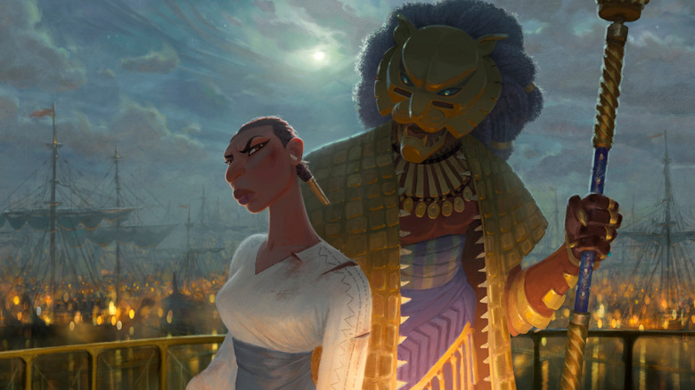 Noni se renfrognant sur son épaule au Lion dans les yeux de Marvel de Wakanda