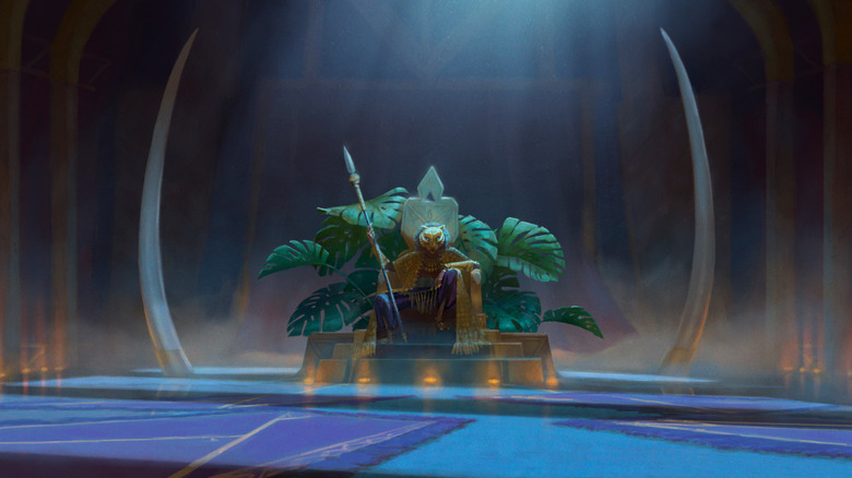 Le lion se prélasse sur un trône avec une lance dans sa main dans les yeux de Marvel de Wakanda