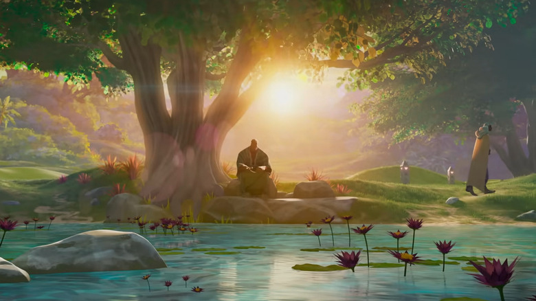 B'kai assis près de l'eau sous un arbre de Wakanda dans les yeux de Marvel de Wakanda