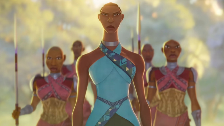 Noni marchant à travers Wakanda flanqué de soldats de la Dora Milaje aux yeux de Wakanda