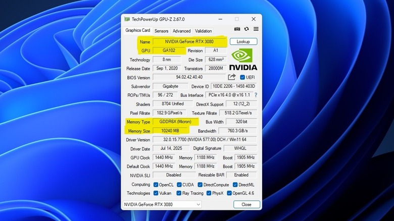 GPU-Z mettant en évidence les spécifications d'importance GPU