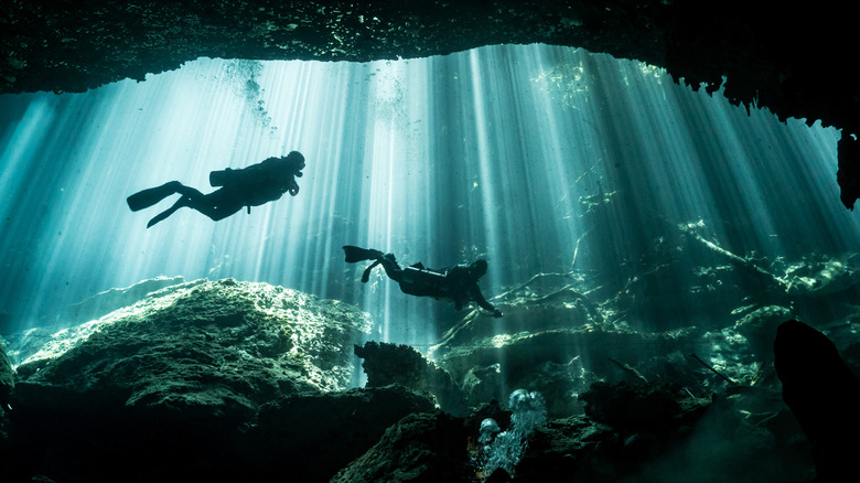 Scuba plonge nageant à travers des poutres de lumière dans une grotte de cenote