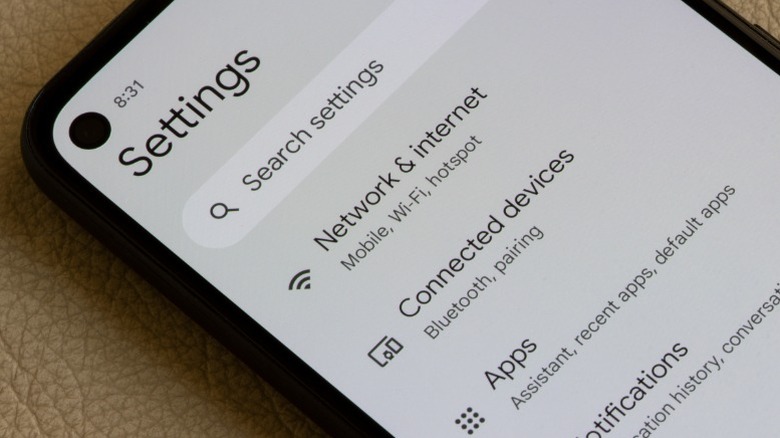 Application Paramètres sur un téléphone Android