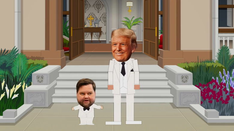 Tiny JD Vance et Donald Trump se tenant devant l'entrée de Mar-a-Lago à South Park