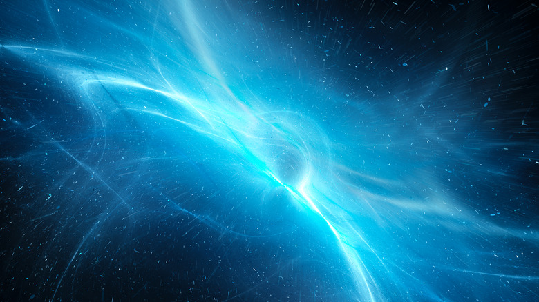 Un champ quantique est visualisé comme une nébuleuse changeante d'énergie bleue sur un fond noir