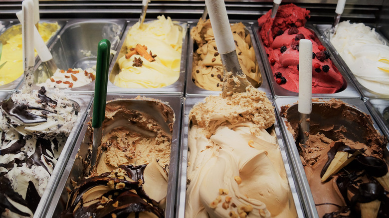 Des saveurs assorties de gelato exposées.