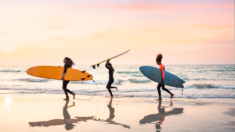 Surfers transportant des planches dans l'eau