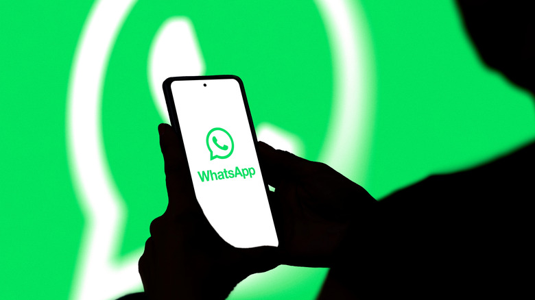 Une silouette d'une personne tenant un smartphone affichant le logo WhatsApp entre ses mains.