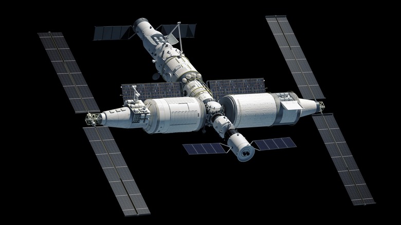 Illustration 3D des modules de la station spatiale Tiangong et des tableaux solaires