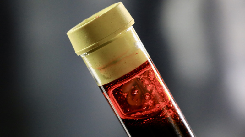 Le capuchon d'un flacon qui tient du sang est vu en gros plan