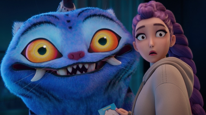 Derpy Tiger souriant sur l'épaule de Rumi alors qu'elle a l'air choquée dans les chasseurs de démon KPOP