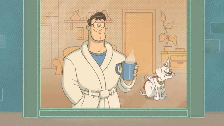 Clark regardant par la fenêtre tandis que Krypto se gratte dans le dos à Krypto sauve la journée