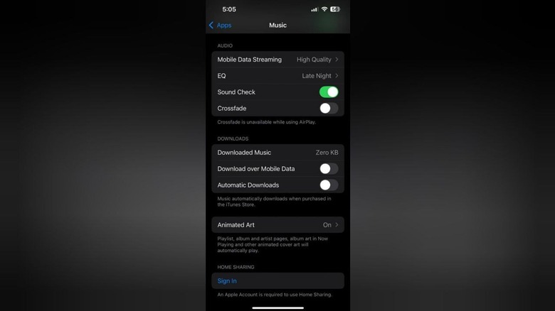 Capture d'écran des paramètres EQ pour l'application Apple Music