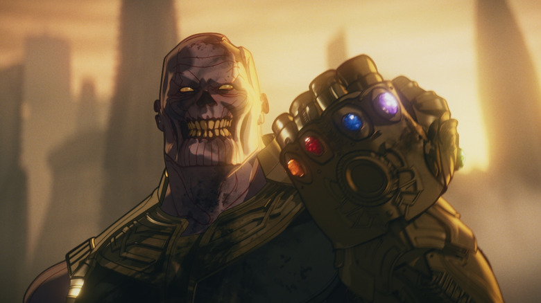 Zombie Thanos soulève son poing alors qu'il porte le gant Infinity possédant toutes les pierres de l'infini dans les zombies Marvel