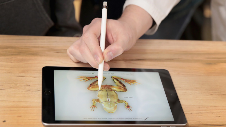 Une main tenant un crayon Apple interagissant avec un iPad