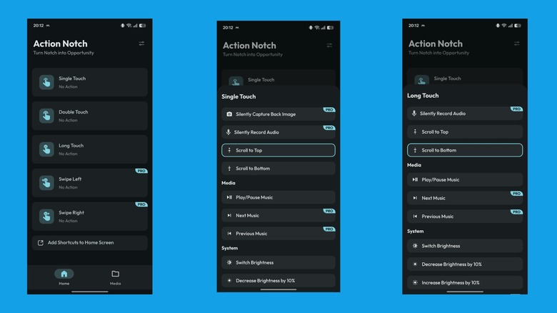 Configuration des gestes simples et doubles dans l'application Notch Action.