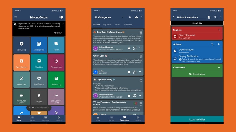 Utilisation de l'application MacroDroid sur un téléphone Android.