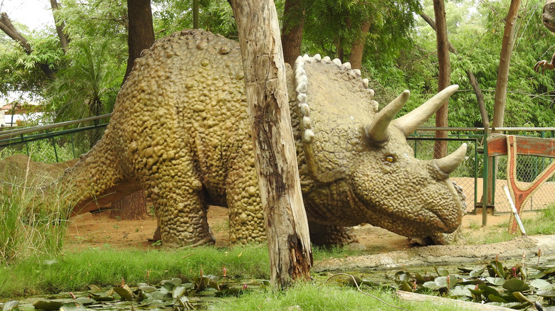 Une statue Triceratops se tient dans un parc