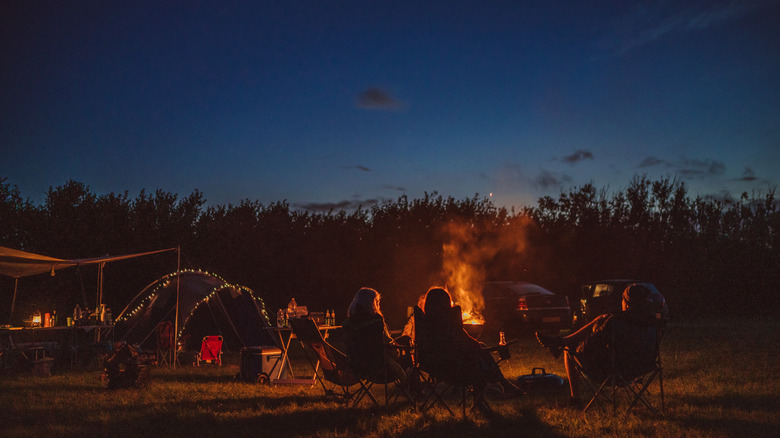 groupe de personnes se détendant autour d'un feu de camp la nuit