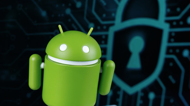 Mascotte Android sur fond de cadenas numérique