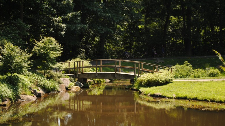 Un pont en bois traverse un ruisseau dans les jardins de Brookside