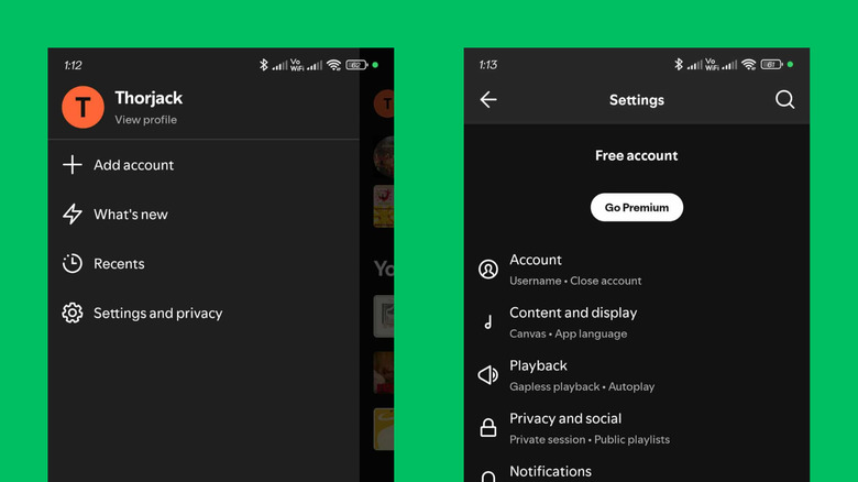 Paramètres et menu Spotify sur l'application Android