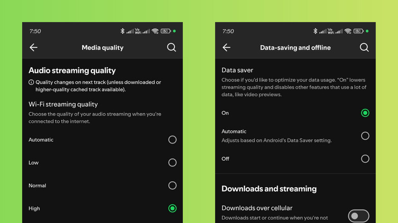 Spotify Retting sur Android montrant la qualité des médias et l'économie des données et hors ligne