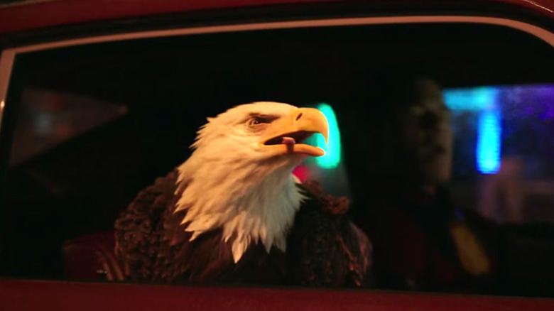 Eagly suspendue la tête par la fenêtre de la voiture sur le pacificateur