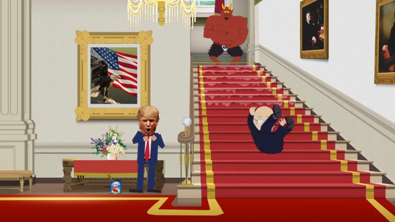 Brendan Carr tombe dans les escaliers tandis que le président Donald J. Trump et Satan regardent à South Park