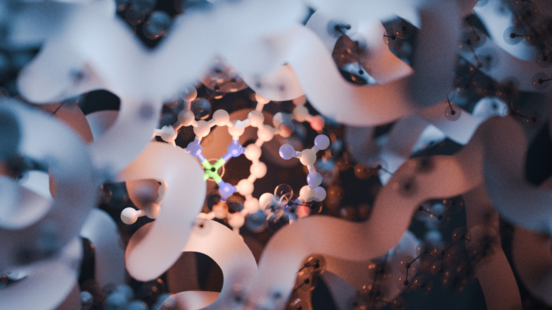 Rendu 3D de molécule de metformine se liant aux structures cellulaires entourées de molécules blanches ondulées