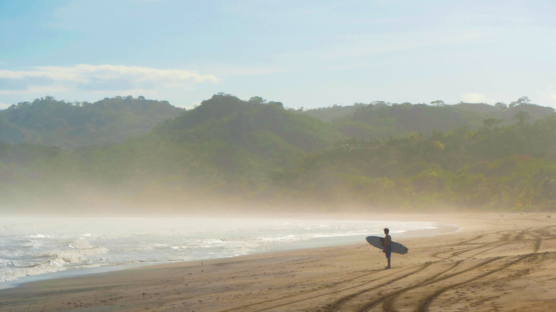 Surfeur se tient sur la plage devant les montagnes