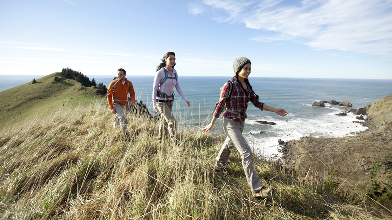 un groupe d'amis avec sac à dos marchant près de la plage